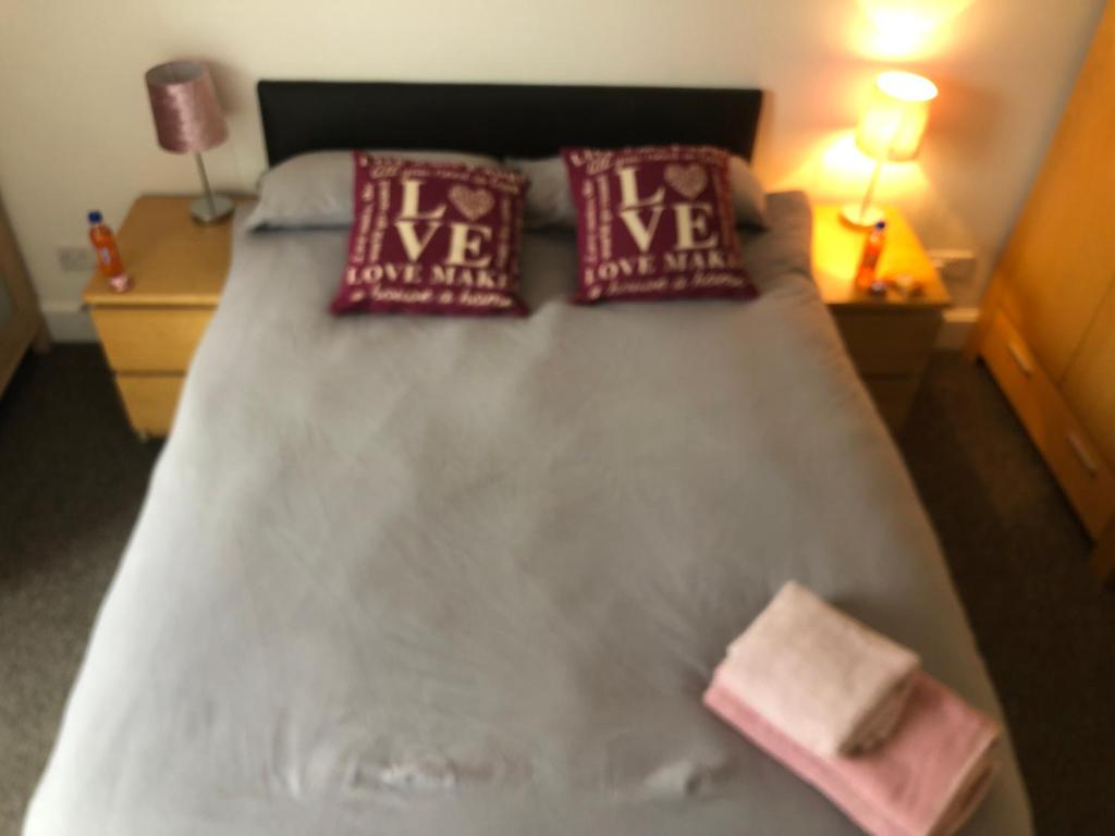 1 dormitorio con 1 cama grande y 2 almohadas en Olivia Meadowview Penthouse, en Edimburgo