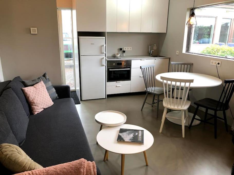 a living room with a couch and a table and a kitchen at Adorable one bedroom apartment with free parking. in Reykjavík