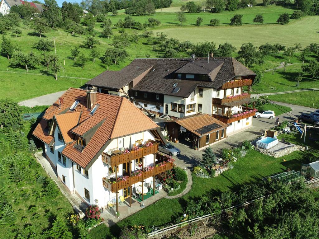 an aerial view of a large house in a field at Ferienwohnungen Maierhof Oberried in Oberried
