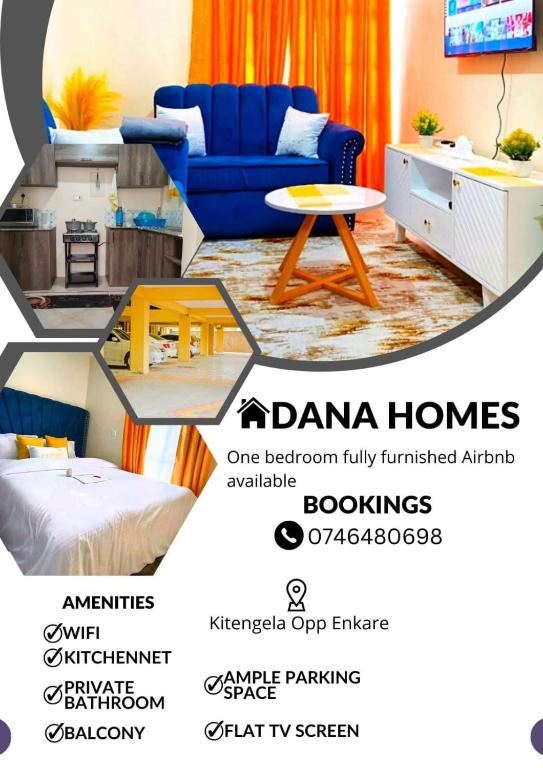 a flyer for a living room with a blue couch and a table at DANA HOMES in Nairobi