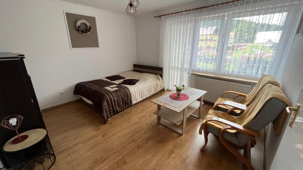 een slaapkamer met een bed, een tafel en een raam bij Pokoje u Lusi in Tylicz