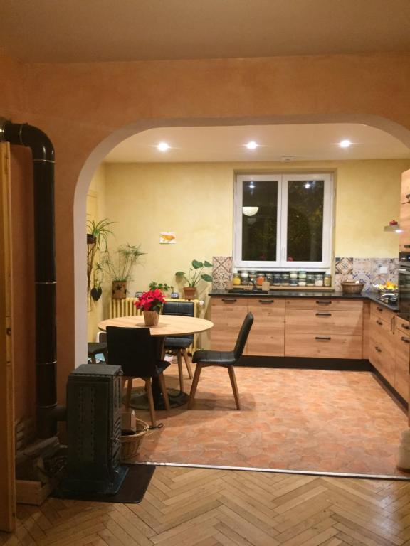 uma cozinha e sala de jantar com mesa e cadeiras em Ravissante petite suite em Colmar