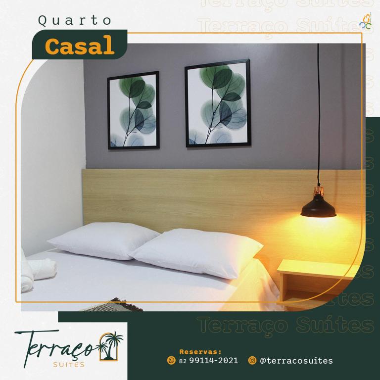 Cartel de un dormitorio con 1 cama y 3 fotografías en Hotel Terraço Suítes en União dos Palmares