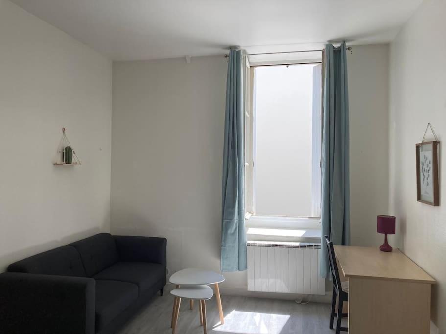 a living room with a couch and a table and a window at Appartement lumineux et central in Nantes