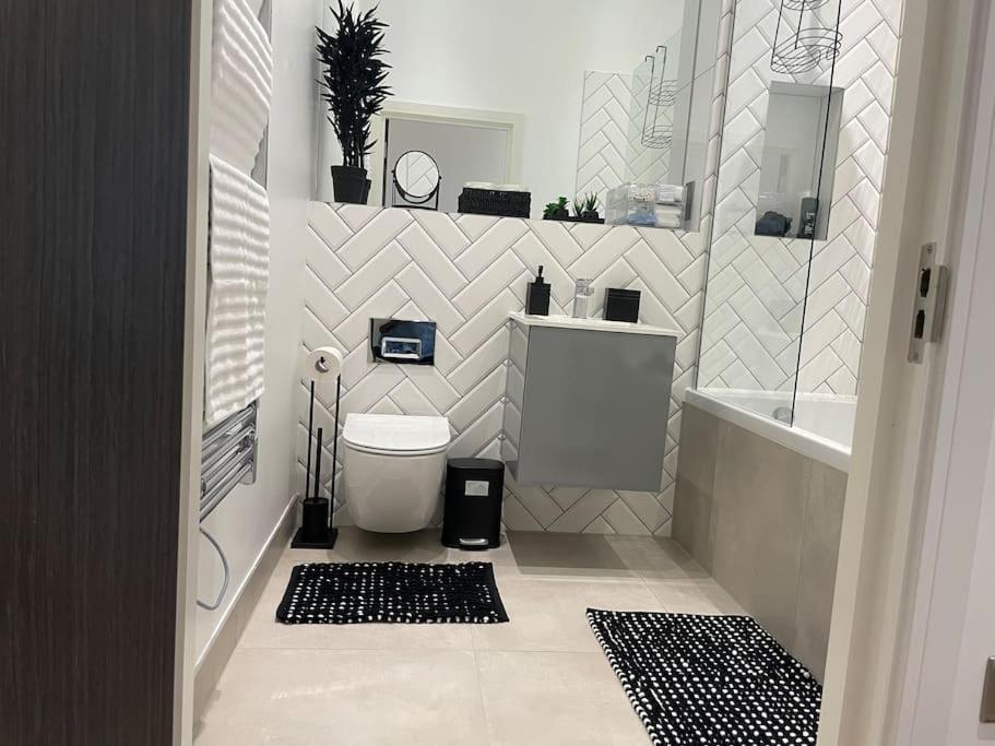 a bathroom with a toilet and a sink and a shower at Luxury 2 bedroom Flat Sutton in Sutton