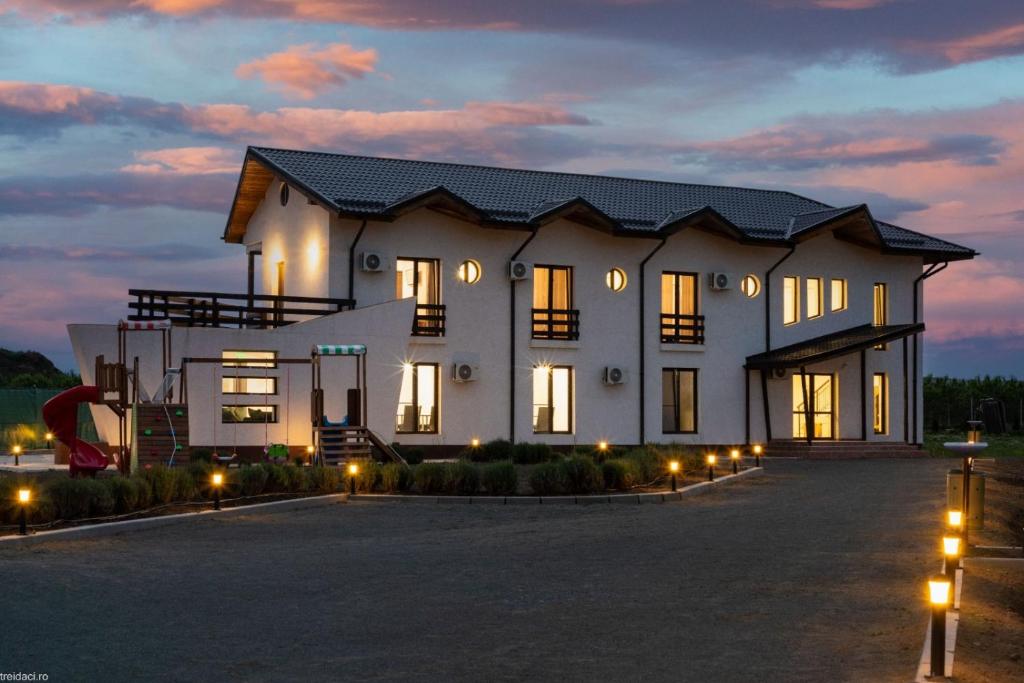 a large white house with lights in a driveway at Agropensiunea Livada lui Cezar și Rares in Kataloi