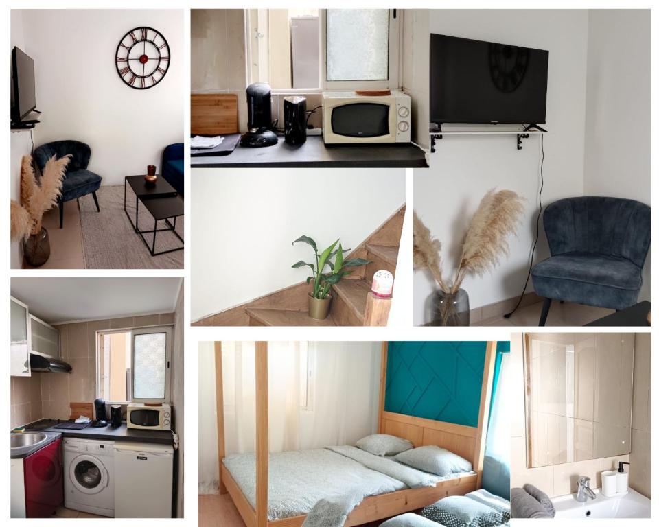 eine Collage mit Bildern einer Küche und einem Wohnzimmer in der Unterkunft MISSYT DUPLEX COLOMBES PROCHE PARIS ET LA DÉFENSE in Colombes