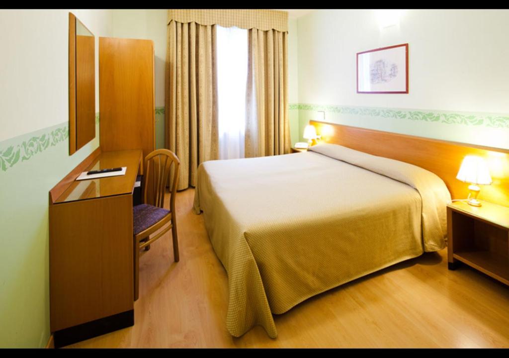 ピサにあるホテル テルミヌス ＆ プラザのベッド、デスク、テレビが備わるホテルルームです。