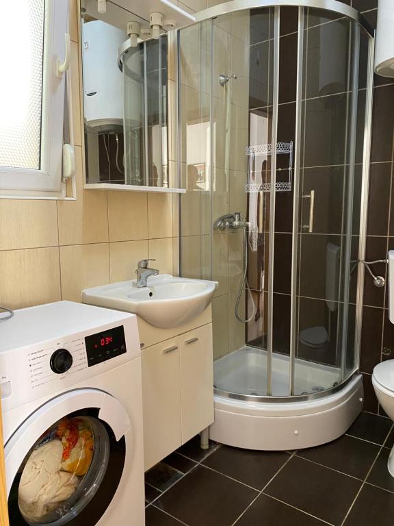 een badkamer met een wasmachine en een wastafel bij Апартаменты Дженовичи in Ðenovići