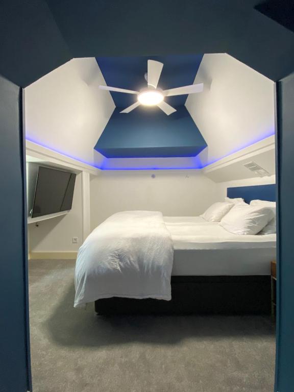 a bedroom with a ceiling fan and a bed at Charme rustique- piscine privée et jardin in Queyssac