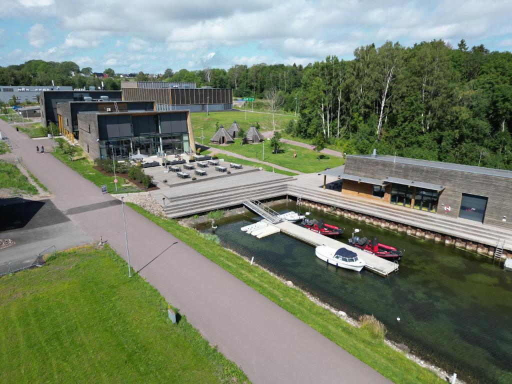 an overhead view of a marina with boats in the water at RS Noatun in Horten