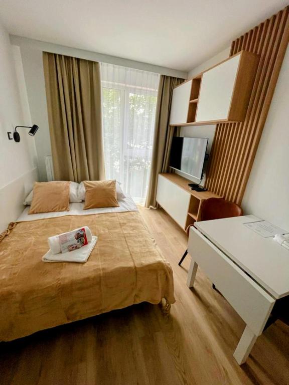 a bedroom with a bed and a desk and a television at Mikro Aparty bezpłatny parking in Wrocław