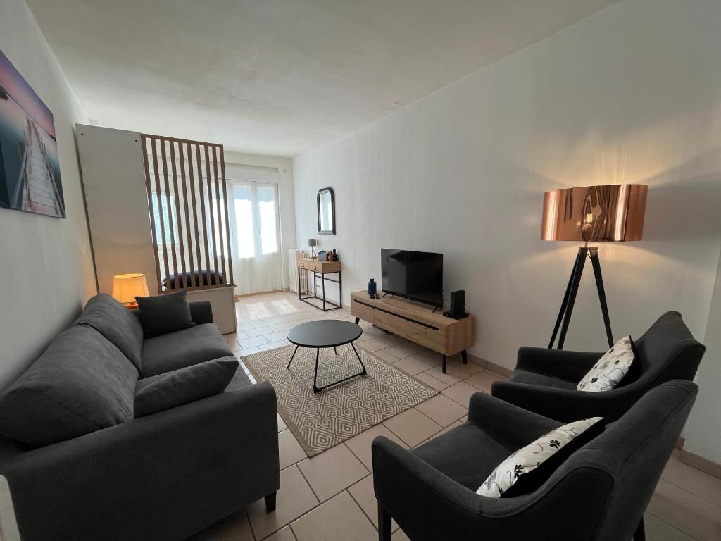 a living room with two couches and a television at Maison centre Lamotte Beuvron in Lamotte-Beuvron