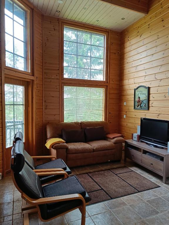 a living room with a couch and a television at VILLA OLGA in Tahkovuori
