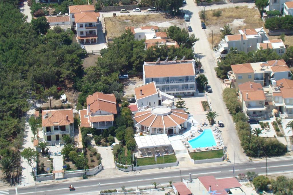 an aerial view of a house with a pool at Lasia Hotel in Mytilene