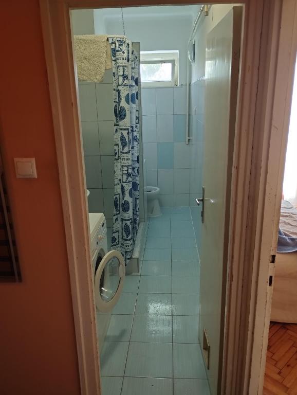 uma casa de banho com um chuveiro, um WC e uma porta em Dózsa Apartman Orosháza em Orosháza