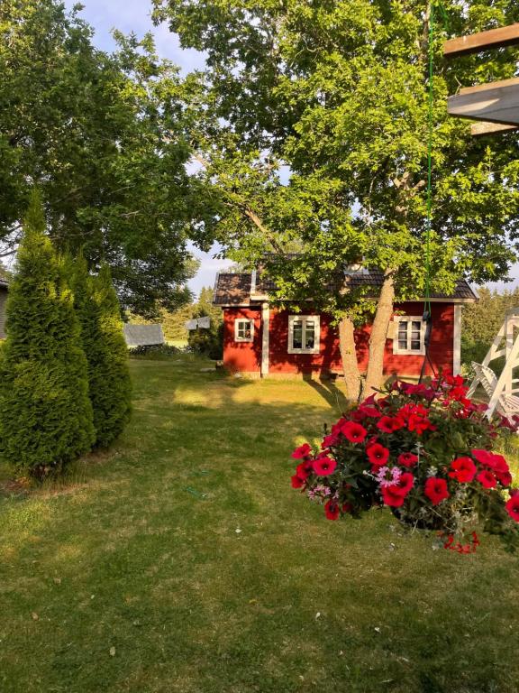 een klein huis met rode bloemen in de tuin bij Lillby Bed&Breakfast 