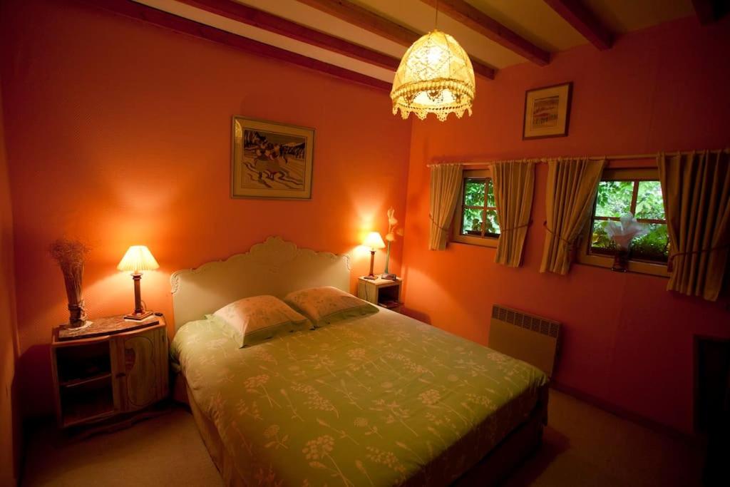 1 Schlafzimmer mit einem Bett, 2 Fenstern und einem Kronleuchter in der Unterkunft La Gran'Porte in Troisvaux