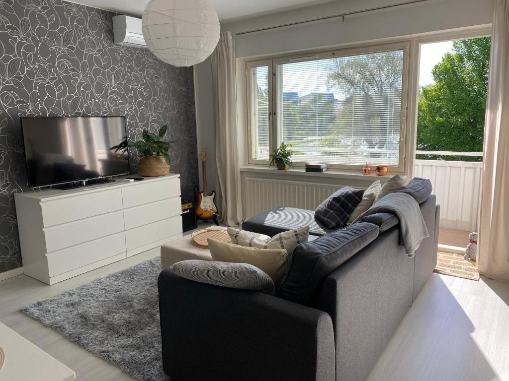 a living room with a couch and a tv at Tilava yksiö keskeisellä sijainnilla Kuopiossa in Kuopio