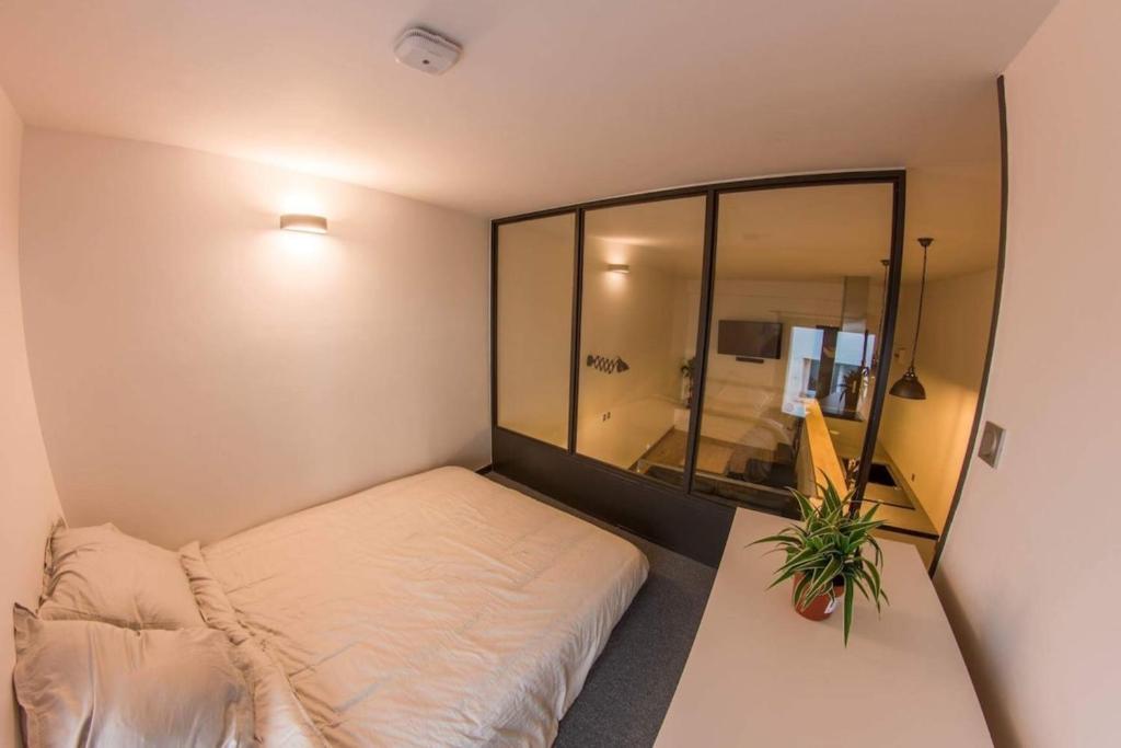 a small bedroom with a bed and a mirror at Joli loft atypique - Métro Valmy in Lyon