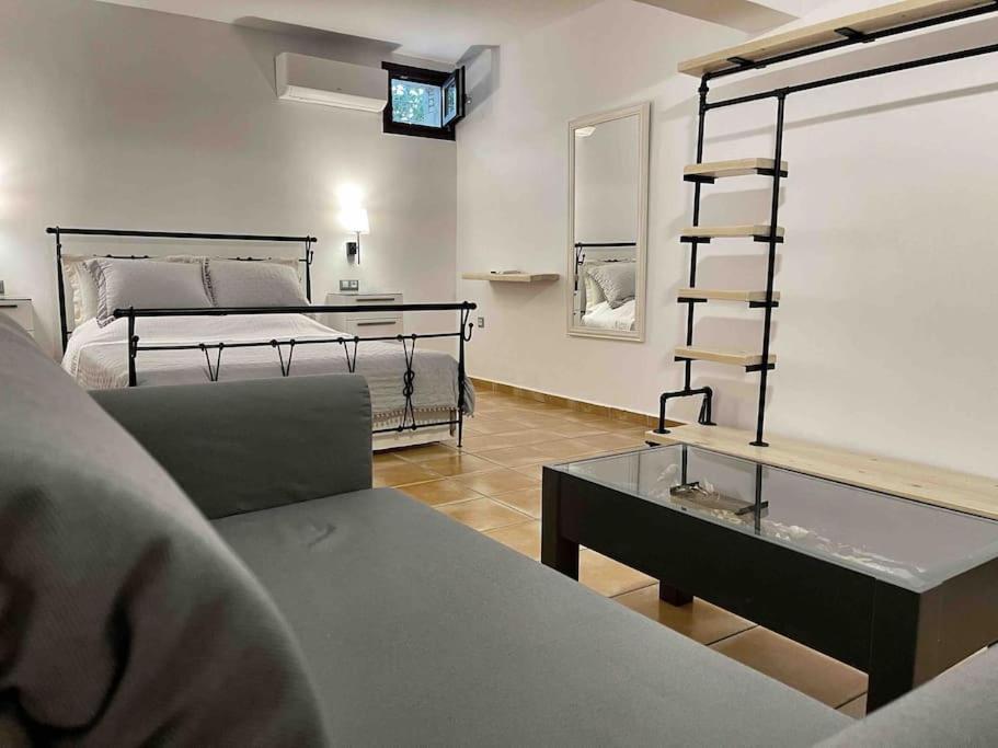 ein Wohnzimmer mit einem Bett, einem Sofa und einem Tisch in der Unterkunft Volax280 Syros Amazing View in Episkopíon