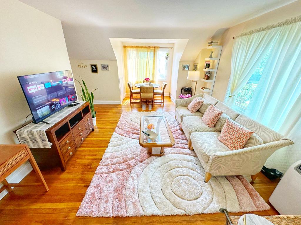 ein Wohnzimmer mit einem Sofa und einem TV in der Unterkunft Cozy, Private Loft 15 min away from Downtown Detroit in Grosse Pointe Park
