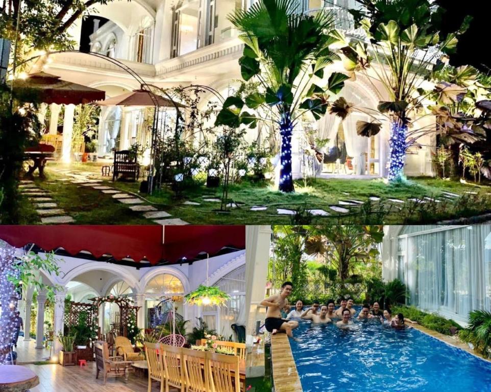 a hotel with a swimming pool and people in a resort at Rose Homestay in Ninh Binh