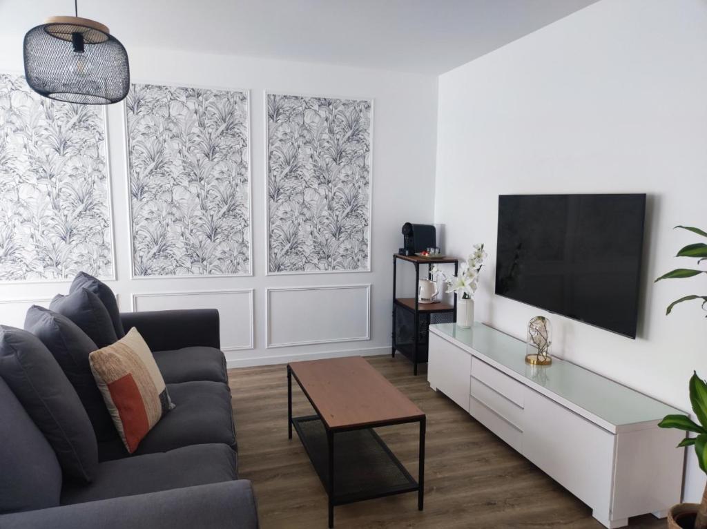 - un salon avec un canapé, une télévision et 2 fenêtres dans l'établissement Proche de Paris T3 tout confort, à Courcouronnes