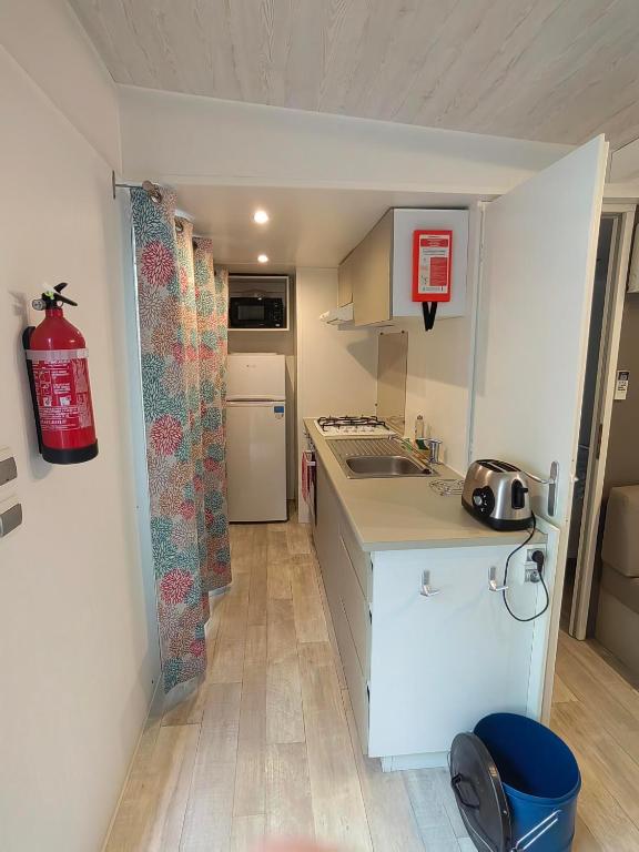 eine kleine Küche mit einer Spüle und einer Arbeitsplatte in der Unterkunft Paisible in Agde