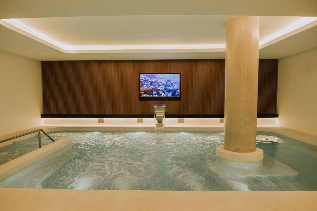 a swimming pool with a tv in a hotel room at Hotel Dos Reyes in Mar del Plata