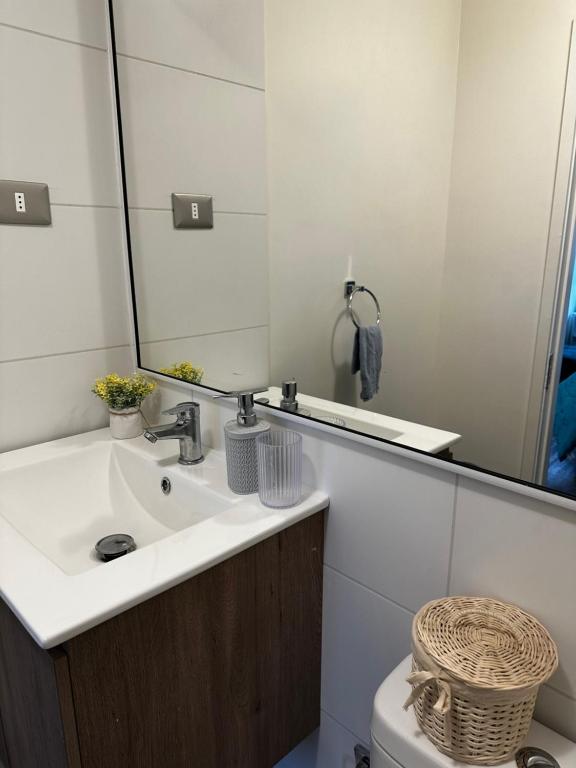 ein Badezimmer mit einem Waschbecken, einem Spiegel und einem WC in der Unterkunft Departamento a minutos del centro de Puerto Montt Pelluco alto in Puerto Montt
