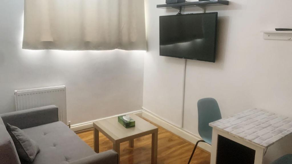 a living room with a couch and a tv on a wall at Stunning apartment private garden in London