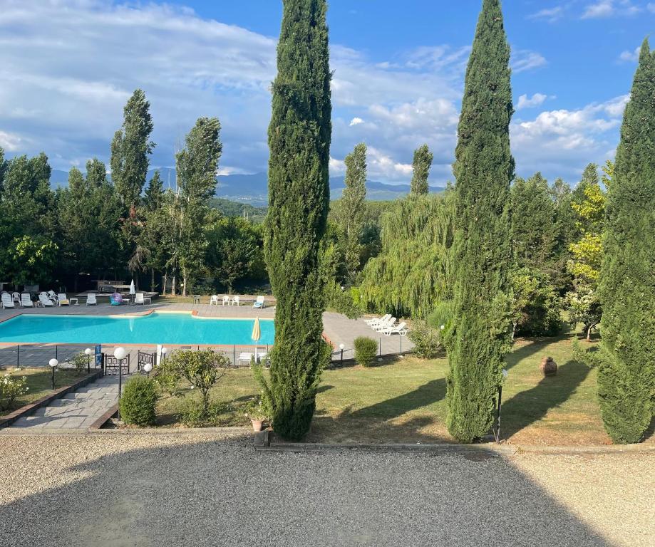 una fila de cipreses frente a una piscina en Carresi Apart 2 pax with pool - portable A/C, en Figline Valdarno