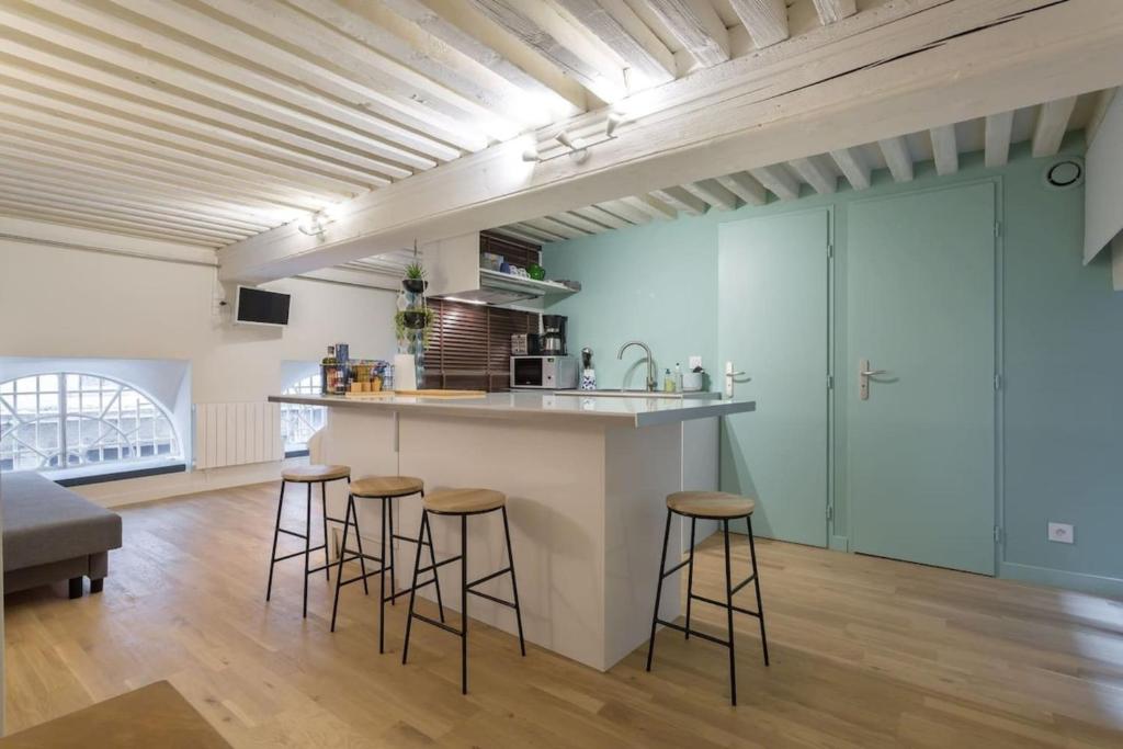 een keuken met een aanrecht en krukken in een kamer bij Appartement cosy de caractère - Place Sathonay in Lyon