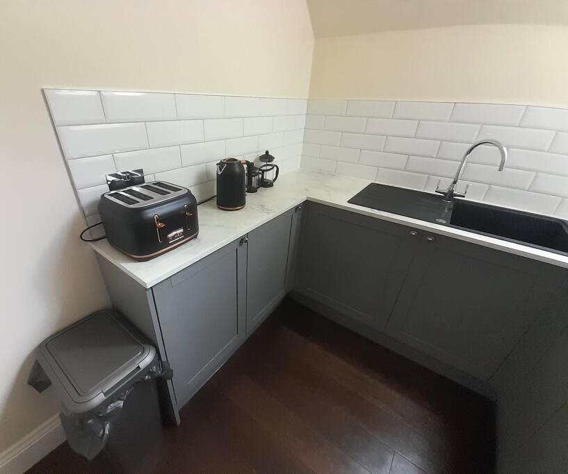 uma cozinha com um lavatório e um balcão com um saco em Kirkcudbright Holiday Apartments - Apartment F em Kirkcudbright