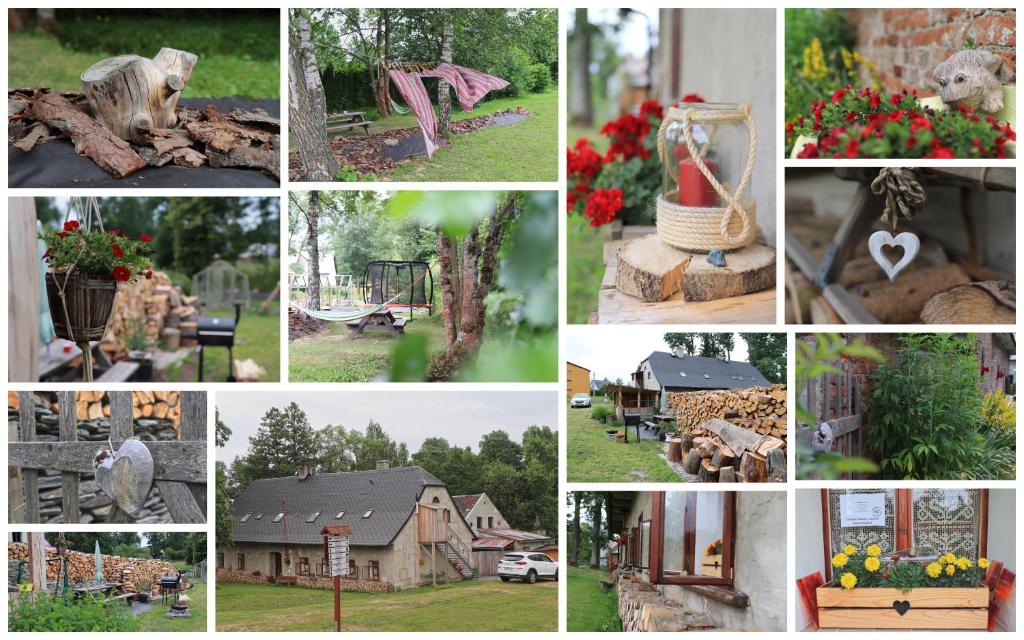 eine Collage von Bildern verschiedener Häuser und Gärten in der Unterkunft Chalupa Rozcestí, z Gruntu dobré přespání in Dolní Moravice