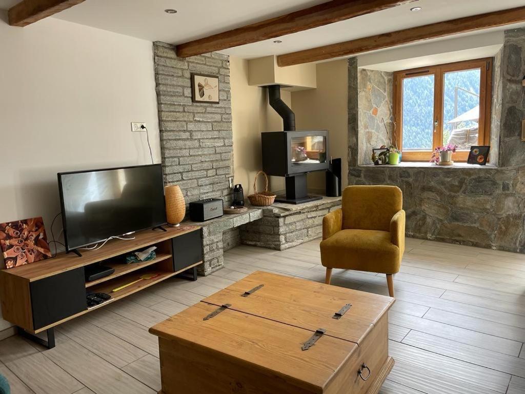 salon z telewizorem i krzesłem w obiekcie Maison a Seez 170m2 w mieście Séez