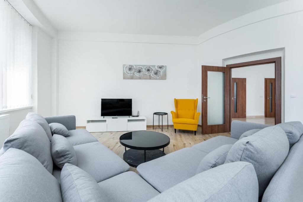 波傑布拉迪的住宿－Apartmán Riegrovo náměstí，带沙发和电视的客厅