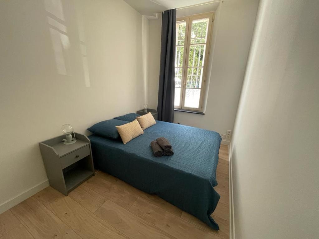 sypialnia z niebieskim łóżkiem i oknem w obiekcie Allée Paul Riquet - Cœur de ville w Béziers