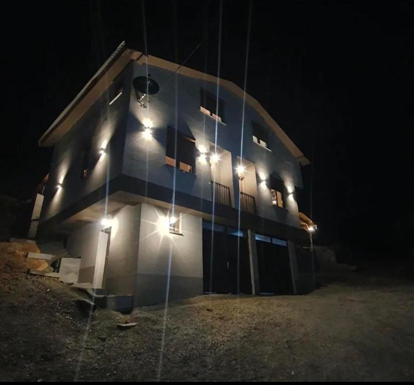 een gebouw met lichten aan de zijkant 's nachts bij Villa Kristina - Apartment no.1 in Vrben