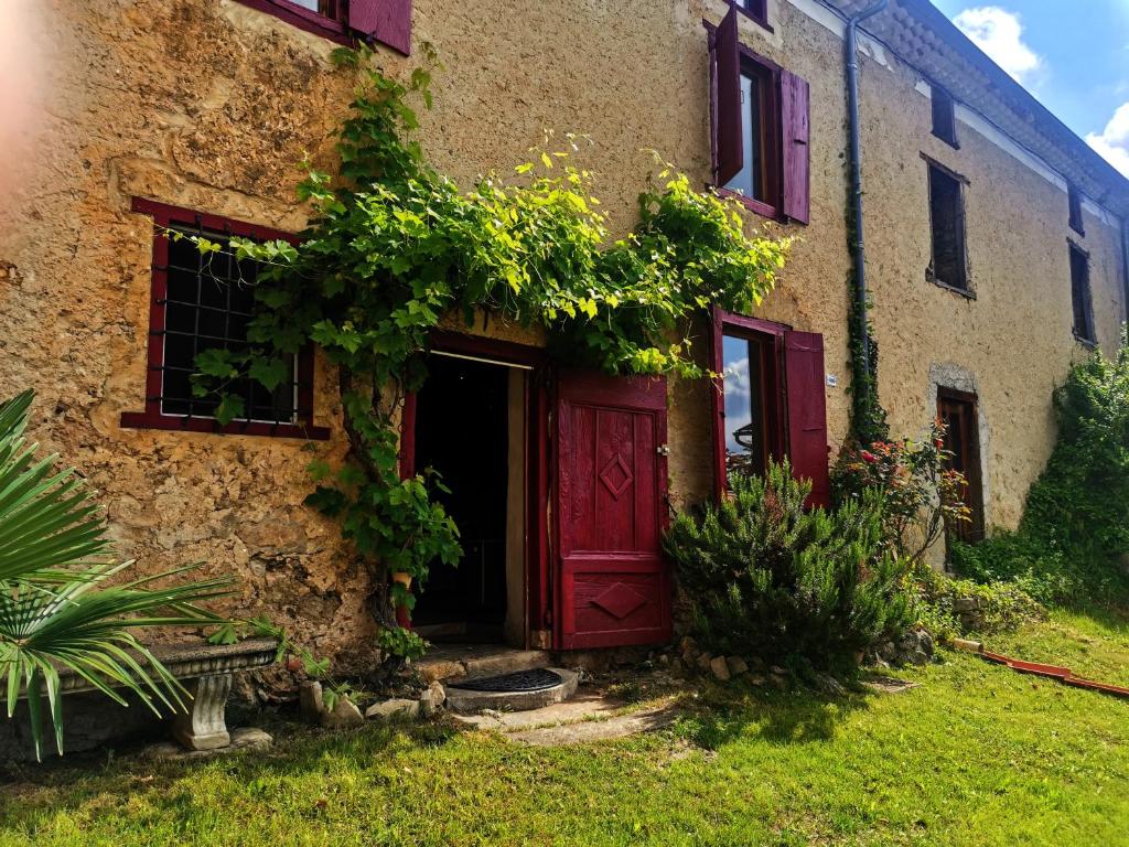 une vieille maison avec une porte rouge et des vignes dans l'établissement Le Clos Ségur, à Leychert