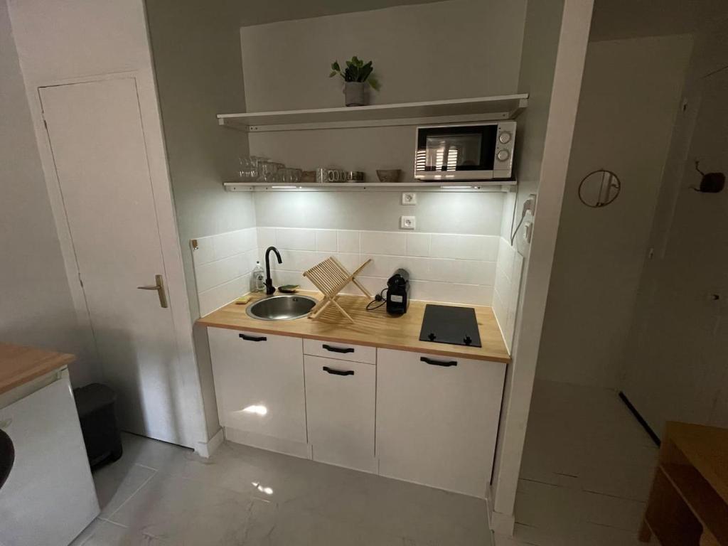 a small kitchen with a sink and a microwave at *Le Baudin : T2 cosy vue dégagée in Limoges