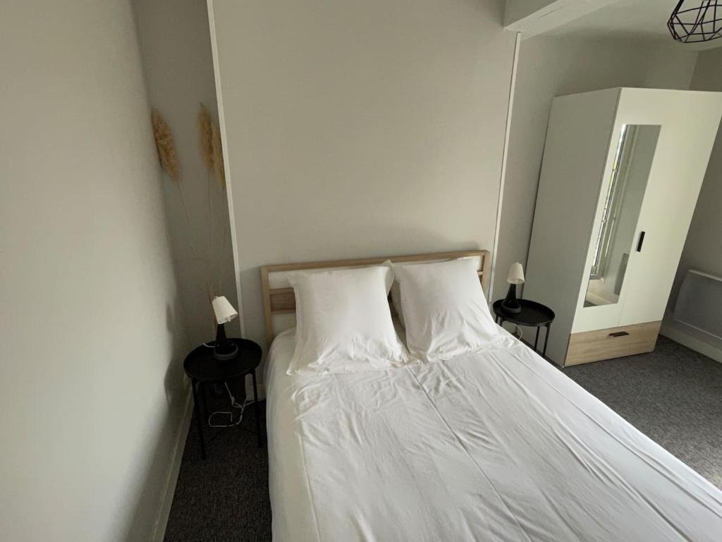 a bedroom with a white bed with two pillows at *Le Baudin : T2 cosy vue dégagée in Limoges