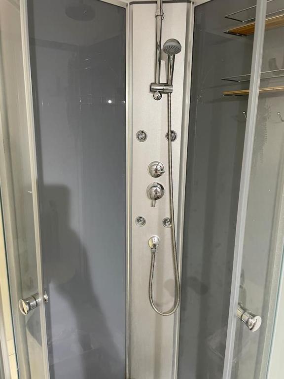 a shower in a bathroom with a glass door at *Le Baudin : T2 cosy vue dégagée in Limoges