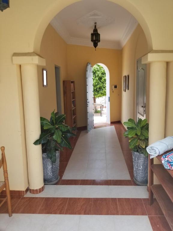 a hallway in a house with two potted plants at Chez Fatima et Hervé in Somone