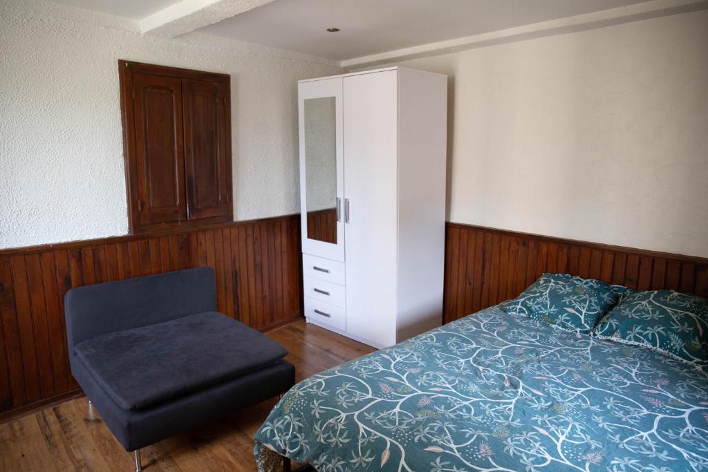 ein Schlafzimmer mit einem Bett, einem Schrank und einem Stuhl in der Unterkunft Appartement T 1bis in Saint-Geoire-en-Valdaine