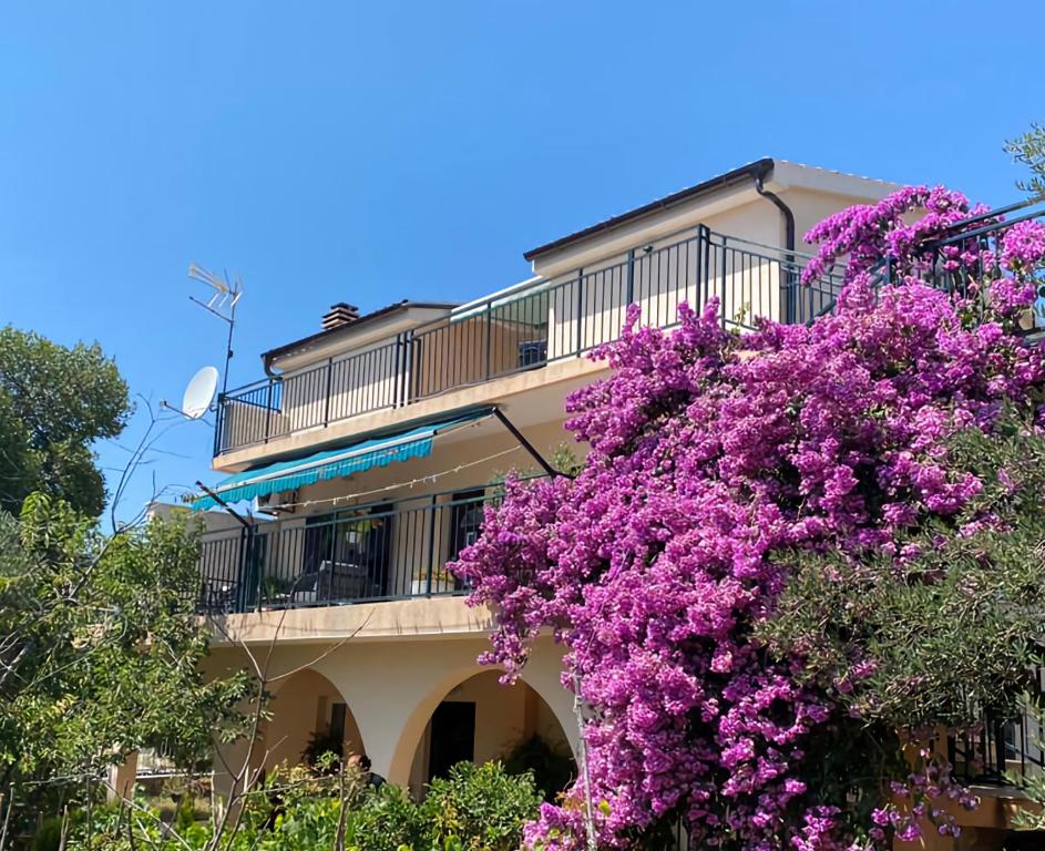 ein Gebäude mit lila Blumen davor in der Unterkunft Apartments Lilly in Zaboric