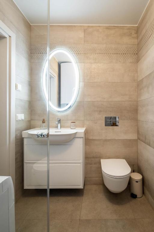 a bathroom with a toilet and a sink and a mirror at Nauji apartamentai! Pamario 14 in Nida