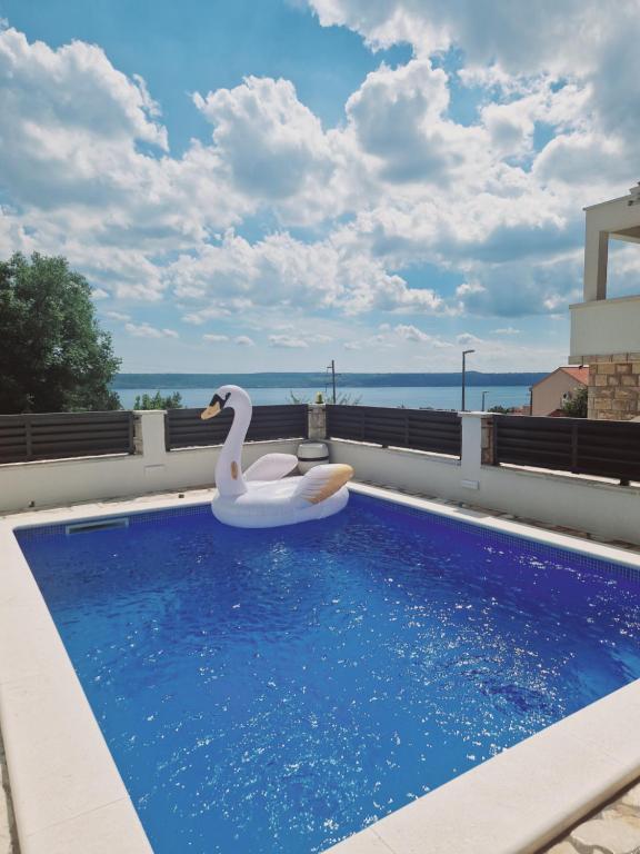 un cisne flotando en una piscina en el techo de una casa en Shine Luxury, en Maslenica