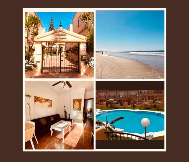 een collage van foto's van een huis en een zwembad bij Sahara Playa Barrosa in Chiclana de la Frontera